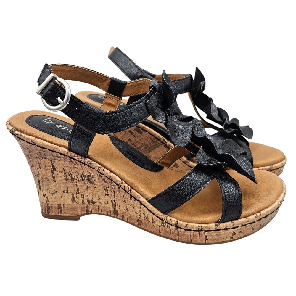 B.O.C. Black Floral T-Strap Cork Wedge Sandals Women Size 8